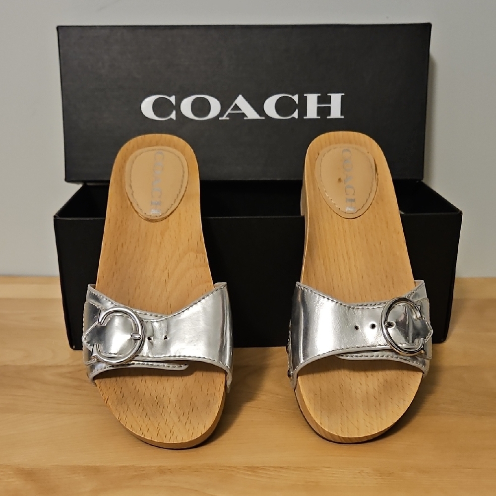 Coach Women's Silver Mules with Buckle